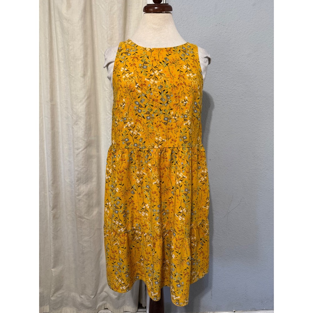 Old Navy Prairie Mustard Yellow Floral Tiered Sleeveless‎ Sun Dress Sz M Prairie